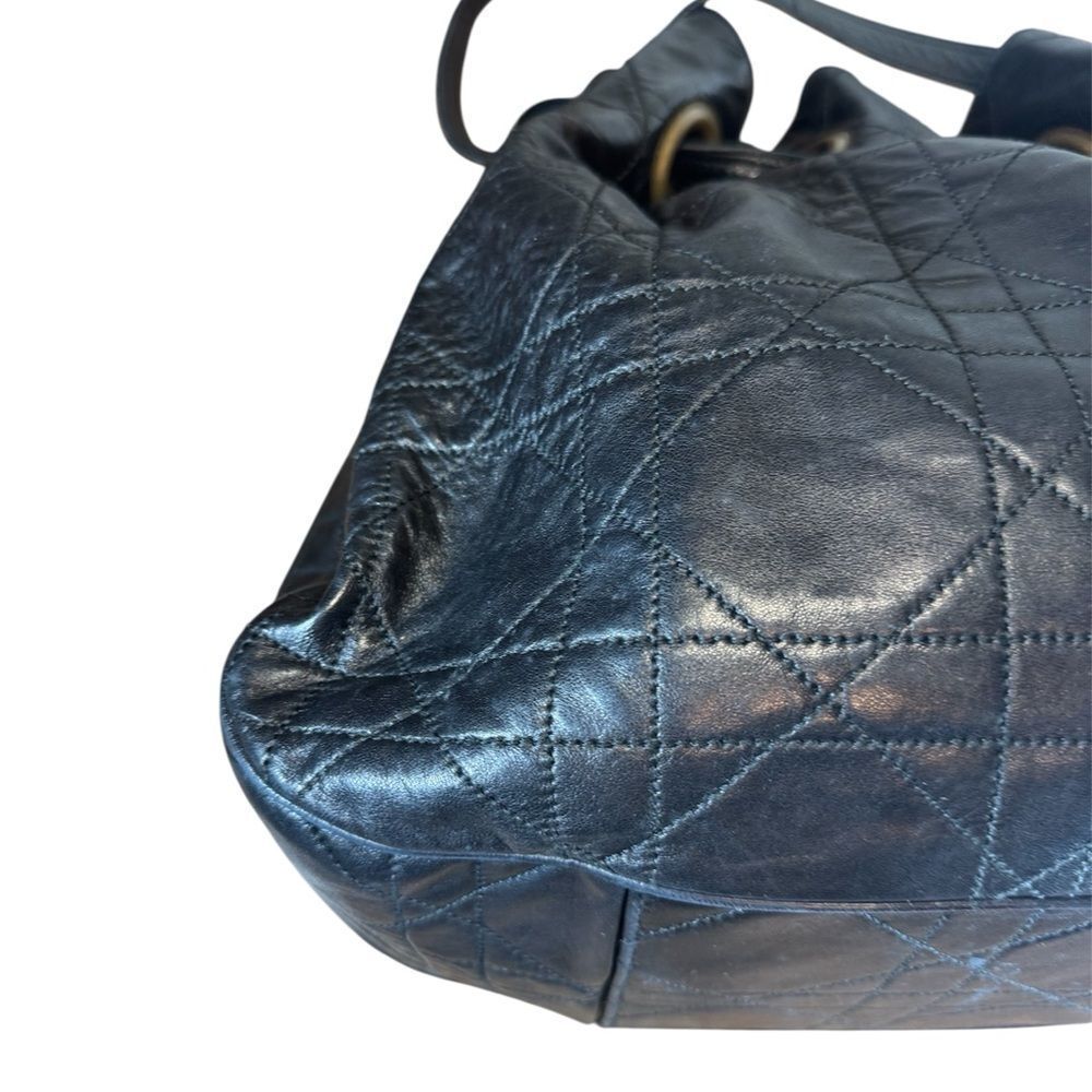 DIOR Black Quilted Cannage Leather Drawstring Hobo Bucket Shoulder Bag Auth Ex++ - Picture 10 of 16